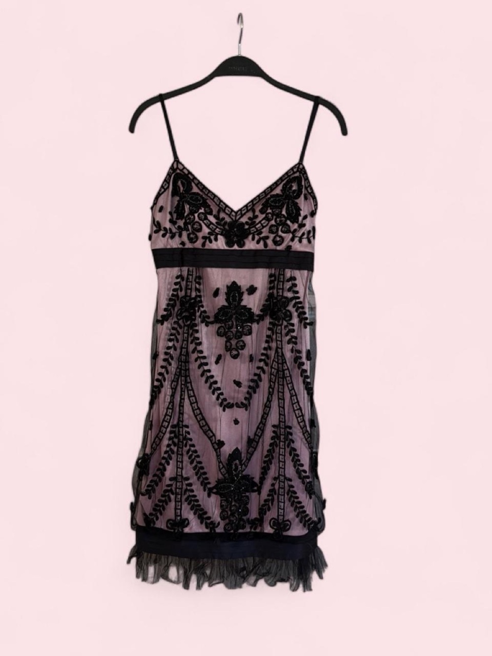 Sue Wong Black and Pink Beaded Evening Slip Dress